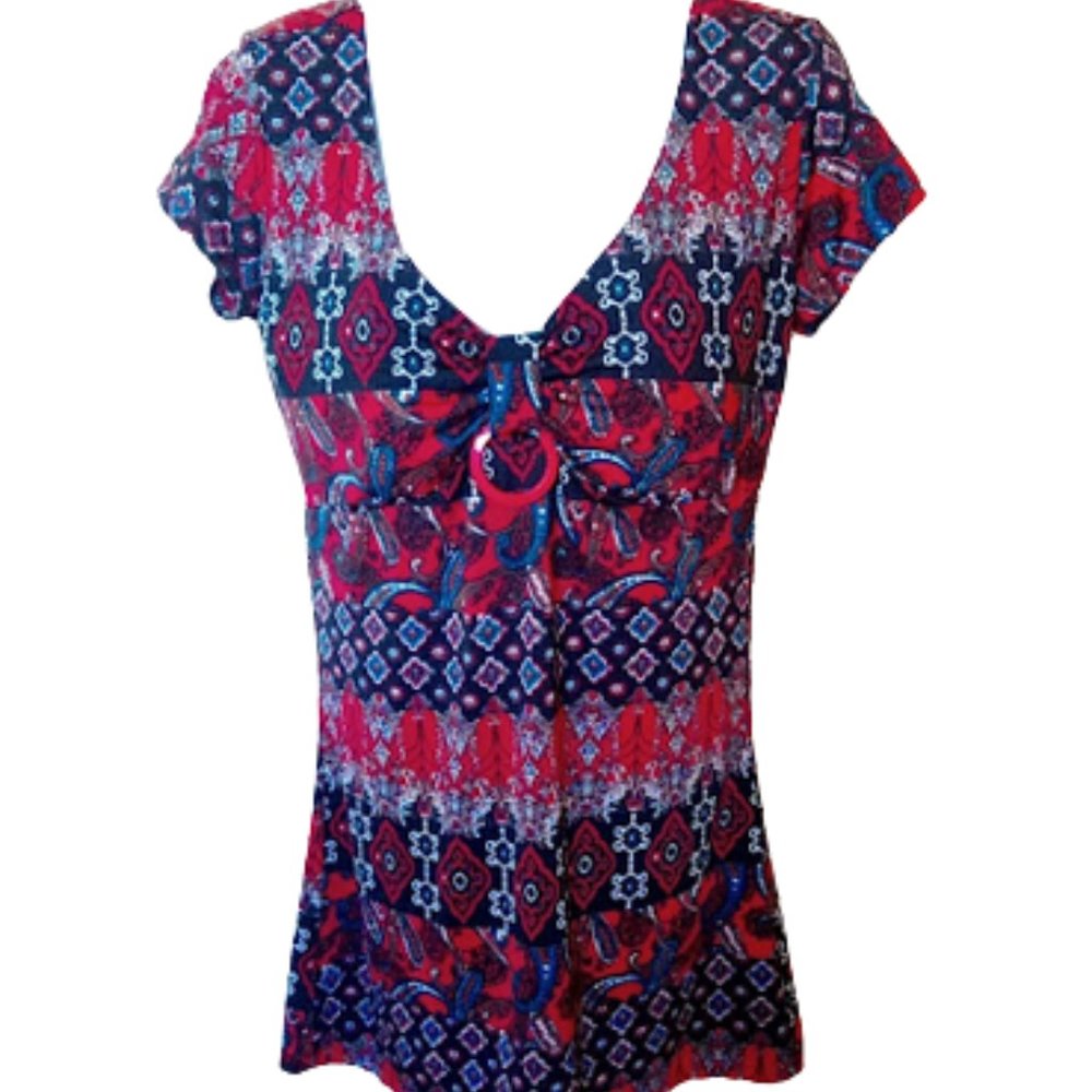 ---  Red and Black  Paisley Mosaic Print Long Top Size XL